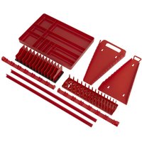 Red Sealey 9 Piece Tool Storage Organizer Set with trays, racks, and holders for efficient tool arrangement.