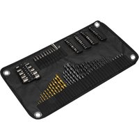 Black Sealey 98 piece drill and bit set with various sizes, organized in a foldable fabric holder with metal eyelets.