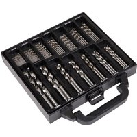 Black Sealey case with 99 silver drill bits in assorted sizes, organized in labeled compartments.