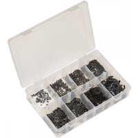 Clear plastic case with 800-piece Sealey E-Clip Retainer Assortment, organized in divided compartments.
