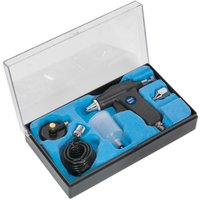 Sealey AB931 Air Brush Kit with black airbrush, clear paint cup, hose, and accessories in blue foam-lined case.