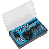 Sealey AB932 airbrush kit with chrome airbrush, black hose, two glass jars, and accessories in a blue foam case.