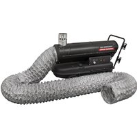 Black Sealey kerosene/diesel heater with flexible silver ducting and sturdy wheels for portability.