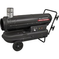 Black Sealey ABI1000 kerosene/diesel space heater with wheels, chimney, and control panel.