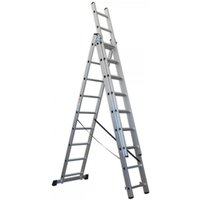 Silver Sealey aluminium extension ladder with three sections, nine rungs each, and stabilizing feet.