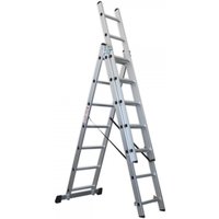 Silver Sealey aluminium extension ladder with three sections, seven rungs each, and stabilizing feet.