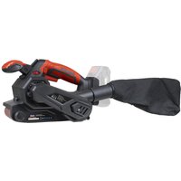 Red and black Sealey 20v cordless belt sander with dust bag and ergonomic handle.