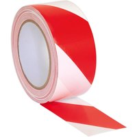 Red and white striped Sealey adhesive hazard warning tape roll with a glossy finish.
