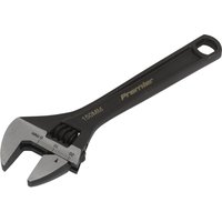 Black and silver Sealey adjustable wrench spanner with measurement markings and ergonomic handle.