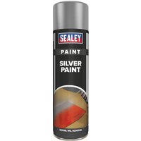Sealey Aerosol Spray Paint, silver can with red and blue logo, labeled "Silver Paint" with paint swatch image.