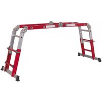 Red and silver Sealey aluminium multipurpose ladder with adjustable height and stabilizing feet.