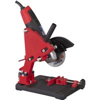 Red and black Sealey angle grinder with cutting stand, adjustable base, and protective blade guard.