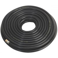 Black coiled Sealey air hose 20M x Ø8mm with brass 1/4in BSP unions, heavy-duty rubber construction.