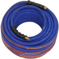 Blue Sealey air hose 30m x Ø8mm with black grips and brass 1/4in BSP unions, extra heavy-duty design.