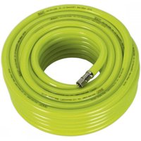 High-visibility green air hose, 20m x Ø10mm, with 1/4in BSP unions, coiled neatly, by Sealey.
