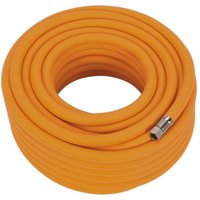 Orange Sealey air hose 20m x Ø10mm, hybrid high-visibility, coiled with 1/4in BSP unions.
