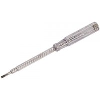 Clear plastic-handled Sealey mains tester with metal probe and flathead tip, 190mm length.
