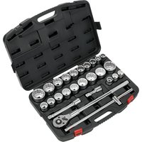 Sealey 26-piece socket set in black case, includes 3/4in square drive, 12-point sockets, ratchet, and extension bars.