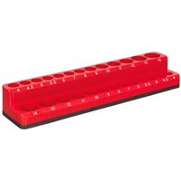 Red Sealey magnetic socket holder with 15 slots, black base, and size markings.