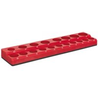 Red Sealey magnetic socket holder with 19 slots for 1/2inSq drive sockets, rectangular design.