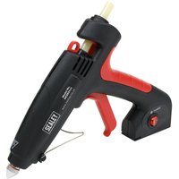 Black and red Sealey AK2921 glue gun with ergonomic grip and metal stand.