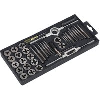 Sealey 40-piece carbon steel tap and split die set in black case, featuring various taps, dies, and wrenches.