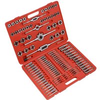 "Red Sealey case with 110-piece alloy steel tap and split die set, organized in rows with handles and wrenches."