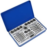 Blue Sealey case with 24-piece imperial tap and split die set, including taps, dies, and wrench in foam insert.