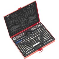 Red Sealey 37-piece tap and split die set in a case with organized slots for tools and accessories.