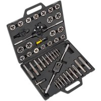 Black Sealey 45-piece tap and die set in a hard case with assorted steel taps, dies, and wrenches.