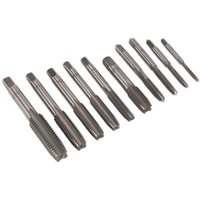 Sealey AK304M 10 Piece Metric Tap Set, silver steel taps in graduated sizes, aligned horizontally.