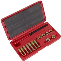 Red Sealey AK310 case with 15 metric re-threading taps and dies, organized in foam slots.