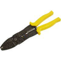 Black Sealey AK3851 stripping and crimping tool with yellow ergonomic handles and multiple cutting notches.