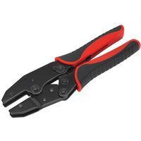 Black and red Sealey ratchet crimping tool with ergonomic handles and no jaws.