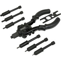 Black Sealey heavy-duty compact riveter with ergonomic handles and multiple interchangeable nozzles.