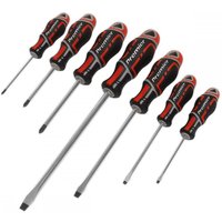 Red and black Sealey Gripmax screwdriver set, seven pieces with ergonomic handles and chrome-plated shafts.