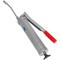 Gray Sealey AK443 side lever grease gun with red handle grip and curved nozzle.