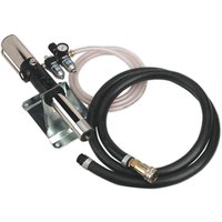 Sealey AK450DP air powered pump station with black hose, metal base, and transparent tubing.