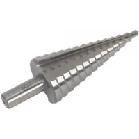 Silver Sealey step drill bit, 4-30mm, double flute, tapered design with engraved size markings.