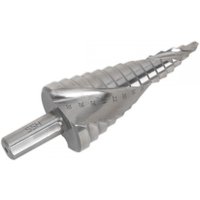 Silver Sealey step drill bit with spiral flute design, marked measurements, and tapered shape from 4-30mm.