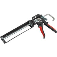 Black and red Sealey heavy duty caulking gun with metal frame and ergonomic handle.