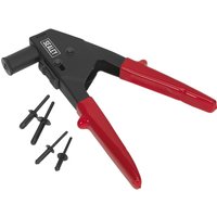 Black and red Sealey plastic riveting tool with four black rivets.
