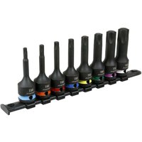 Black Sealey Trx-Star impact socket bit set, 8 pieces, 1/2in square drive, color-coded bands, mounted on a black rail.