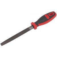 Half-round engineer's file with black metal blade and red-black ergonomic handle, 150mm length.