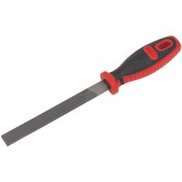 Flat engineer's hand file 150mm with a black and red ergonomic handle and a silver textured filing surface.