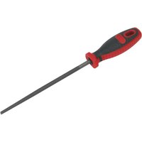 Round engineer's file with a smooth cut, 200mm length, black and red ergonomic handle.