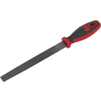 Flat engineer's file with smooth cut, 200mm length, black metal blade, and red and black ergonomic handle.