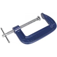 Blue Sealey G-Clamp with 100mm jaw opening, chrome-plated screw, and T-bar handle for secure clamping.