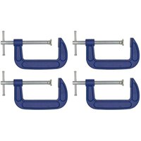 Set of four blue Sealey G-Clamps, 100mm size, with silver threaded screws and swivel pads.