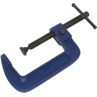 Blue Sealey 100mm G-Clamp with quick release mechanism and black threaded screw handle.